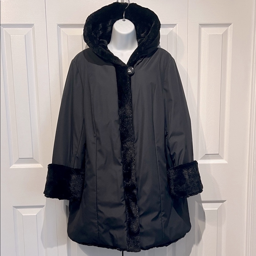Guillaume Black Hooded Faux Fur Lined Coat Size L
